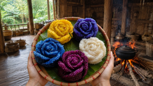Sticky rice colored naturally with turmeric and other herbs.